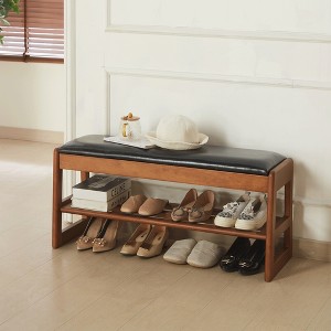 GDFStudio Helena Rustic Rubberwood Faux Leather Upholstered Shoe Storage Bench - 1 of 4