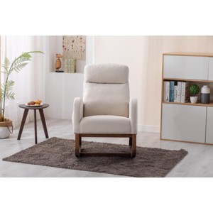 XIYUYEU Linen Upholstered Accent Chair with Wood Legs and Side Pocket,Modern Rocking Chairs with High Back for Bedroom,Reading Room - 1 of 4