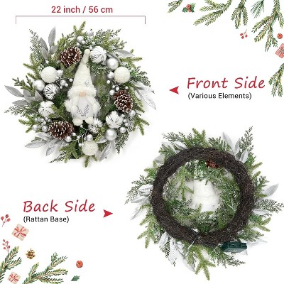 22in Artificial Pre-Lit Winter Wreath, Christmas Garland with Silver White Glitter Ornaments & Gnomes for Door, Mantel, Window Holiday Decor