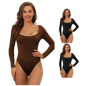 Allegra K Women's Long Sleeve Slim Fit Stretchy Square Neck Leotard Jumpsuit 3 Packs - 1 of 4