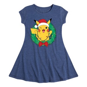 Girls' Pokémon Pikachu Lights Wreath Fit & Flair Cap Sleeve Graphic Dress - Heather Navy - Medium - 1 of 4