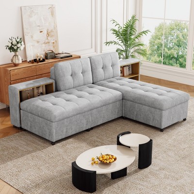 121"W Upholstered Sofa Bed Modular Sofa Free-combined Sofa Couch  Chaise Lounge Sofa with 2 Storage Racks, Brown/Gray-ModernLuxe