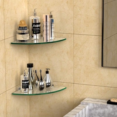 Clear Tempered Glass Corner Shower Shelves with Aluminum Brackets