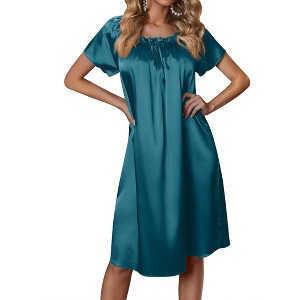 Ekouaer Women's Satin Silk Pleated Nightgown Loose Sleepwear Printed Nightshirt Short Sleeve Sleep Dress Blue Green M