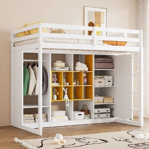 Sapphtopaz Wood Loft Bed with Wardrobe & Storage Cabinet,Versatile Bed Frame with Ladder & Guardrail,Space-Saving Bed for Adults&Teen - 1 of 4