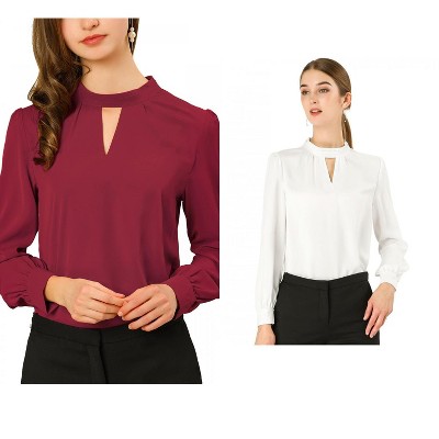 INSPIRE CHIC Women's Office Keyhole Elegant Stand Collar Long Sleeve Button Blouse 2 Packs