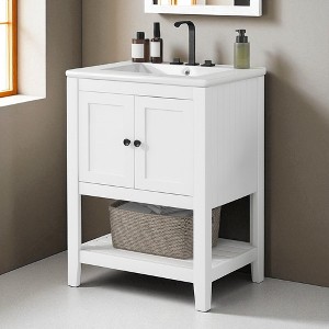 24-Inch Bathroom Vanity with Ceramic Sink, Solid Wood Frame, Storage Cabinet & Open Shelf,Freestanding Modern Vanity - 1 of 4