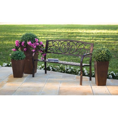 Evergreen 48" Bronze Metal Garden Bench with Floral Design