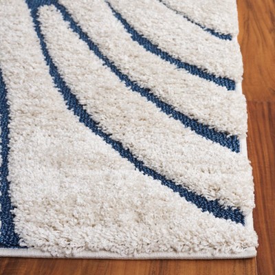 Cream and Blue Hand-Knotted Shag Runner Rug