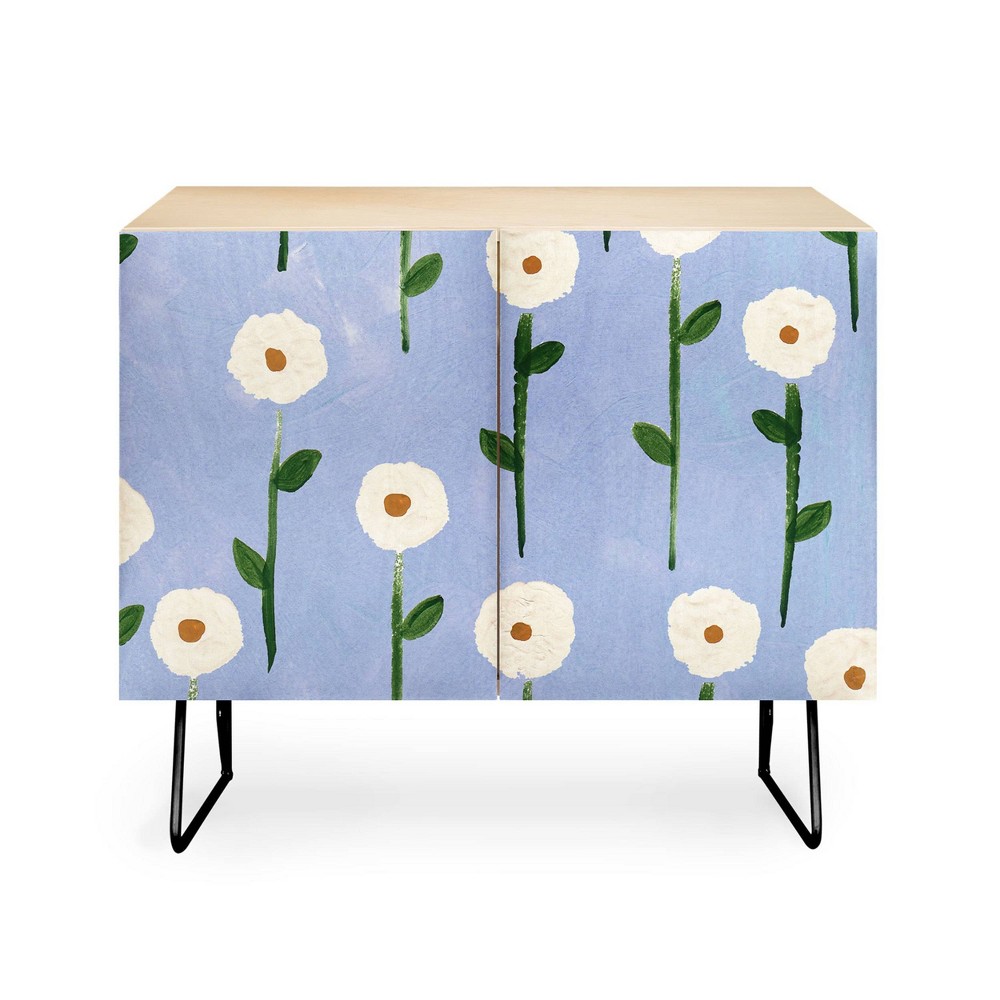Reves et Histoires Cute Little Flowers Black Legged Credenza Birch/Blue - Deny Designs: Mid-Century Modern, Enclosed Storage