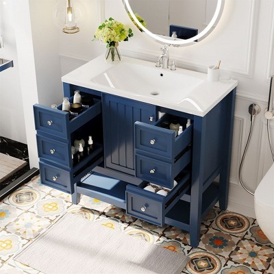 36" Freestanding Bathroom Cabinet With Undermount Ceramic Sink Bathroom Vanity Set With Cabinet Drawers Shelf For Small Space