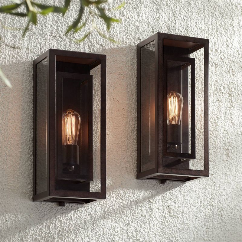 Possini Euro Design Rustic Industrial Farmhouse Outdoor Wall Light Fixtures Set of 2 Bronze 15 1/2" Clear Glass for Exterior Barn Deck House Porch, 2 of 9