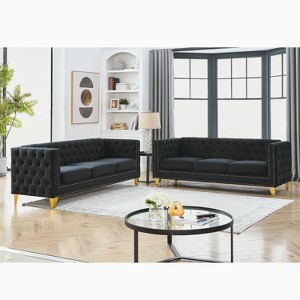 TiramisuBest 80" 3-Seater Tufted Velvet Sofa with Rolled Arms & Nailhead Trim, Black for Living Room, Bedroom & Office,3S+3S - 1 of 4