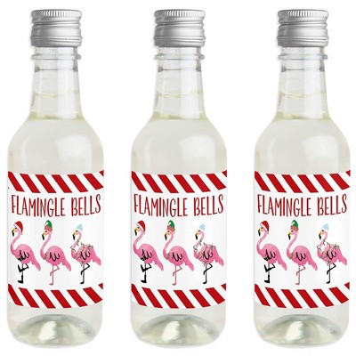 Big Dot of Happiness Flamingle Bells - Mini Wine & Champagne Bottle Label Stickers - Tropical Christmas Party Favor Gift for Women and Men - Set of 16