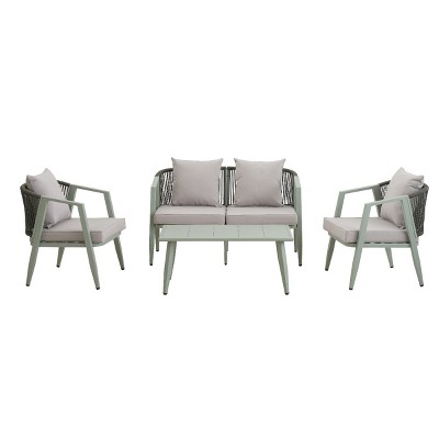 4 Piece Modern Poolside Seating Set,Woven Rope Back Outdoor Patio Conversation Set,Metal Garden Furniture Set with Cushions-Coolbibila
