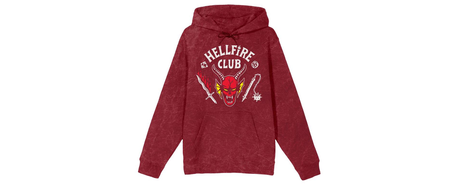 Stranger Things Hellfire Club Men’s Red Mineral Wash Long Sleeve Hooded Sweatshirt