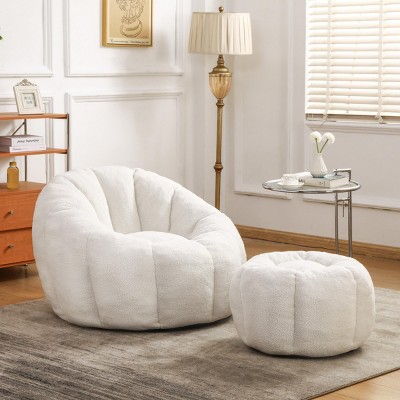 Bouclé Bean Bag Chair with Ottoman, Cozy Foam-Filled Lounge Chair for Adults, Upholstered Teddy Fabric Fuzzy Beanbag Chairs– Cuddlewood
