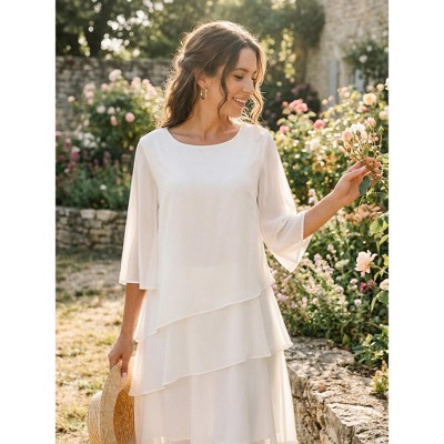 Женские платья INSPIRE CHIC Women's Round Neck Semi Sheer 3/4 Bell Sleeve Asymmetrical Layered Tiered Midi Dress Whites Medium — фото 2