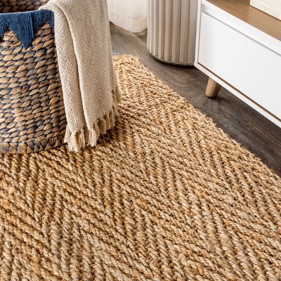 Ivory Herringbone Handwoven Jute 8' x 10' Reversible Area Rug