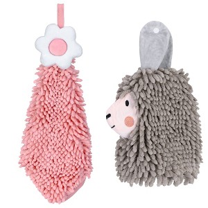 REGALWOVEN Soft Absorbent Flower Pattern and Sheep Pattern Chenille Hand Towel with Loop 6" x 15"/7" x 11" 2 Pcs - 1 of 4