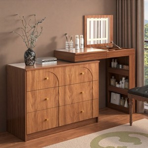 FONTOI 59.9"W Vanity Desk with Mirror Flip-Top Tabletop 7 Drawers and 9 Compartments for Bedroom Dressing Room, Brown, 59.9"*15.7"*30.1" - 1 of 4