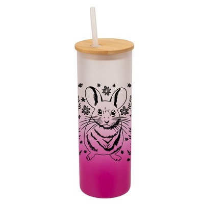 Elanze Designs Charming Springtime Mouse Pink Frosted Gradient Glass Tumbler with Bamboo Lid & Straw 25 ounce Reusable Iced Coffee or Water Cup,