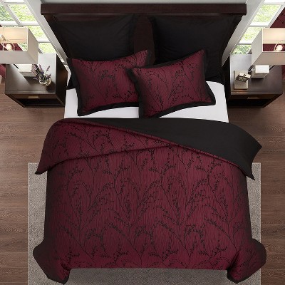 HIG 7-Piece Burgundy Jacquard Bed in a Bag, Queen Size Comforter Set with Floral Tree Branch Patchwork Design, Euro Shams & Window Panels — фото 3