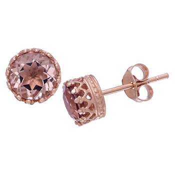 6mm Round-cut Morganite Quartz Crown Stud Earrings in Rose Gold Over Silver
