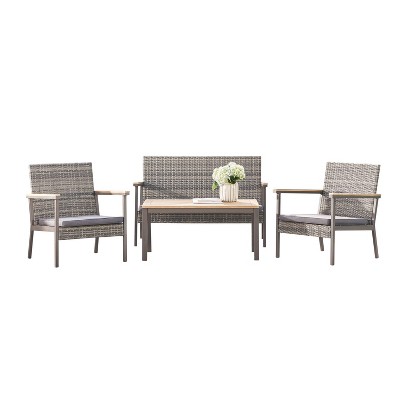 Evelyn 4pc Outdoor Resin Wicker Mixed Acacia Wood Lounge Sofa Set with Cushion - Gray - Vifah
