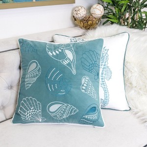 CAVINAS  Aqua Seashell Velvet Throw Pillows,20" Square Coastal Accent Pillows with Hidden Zipper,Decorative Pillows with Polyester Fill for Couch - 1 of 4