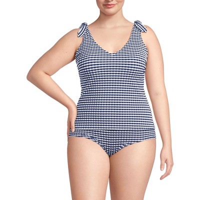 Lands End Women s Plus Size Gingham V neck Shoulder Tie Tankini