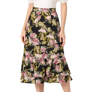 INSPIRE CHIC Women's Chiffon Elastic Waist Ruffle Tiered Flowy Midi Floral Printed Skirts - 1 of 4