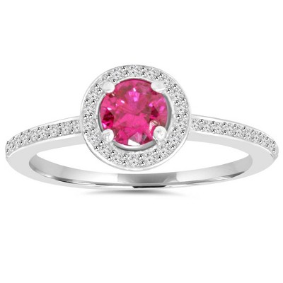 Pompeii3 3/4ct Ruby Halo Diamond Pave Enagement Ring 14K White Gold