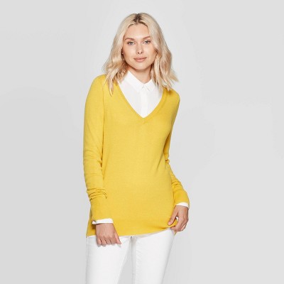 Women's Ribbed Cuff V-Neck Pullover Sweater - A New Day™ Gold XL