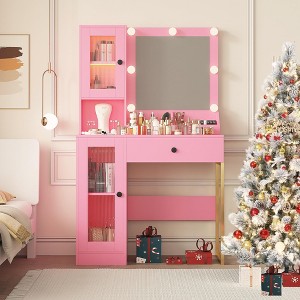 Vanity Desk with Mirror and Lights, Makeup Dressing Table w/Adjustable Bulbs, Sturdy MDF Top & Metal Leg, Smart Storage Drawers & Cabinets for Bedroom - 1 of 4