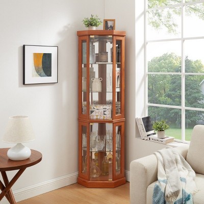 Corner Glass Cabinet with Adjustable Shelves,Glass Cabinet with Light for Collectibles Storage,Living Room Display Curio Cabinet-Coolbibila