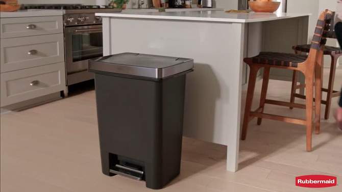 Rubbermaid 12 Gallon Stainless Steel Metal Front Step On Touchless Waste Basket Garbage Bin Trash Can for Kitchen Bathroom Bedroom, Charcoal, 2 of 7, play video