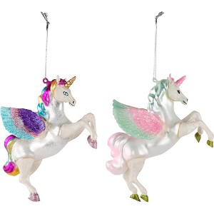 Juvale 2 Pack Glass Rainbow Unicorn Christmas Tree Ornaments, Christmas Decorations Holiday Decor, 5 x 4.5 in - 1 of 4