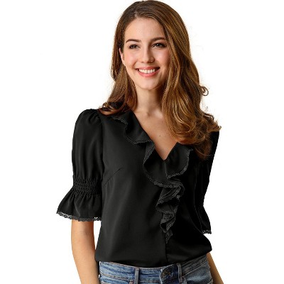 INSPIRE CHIC Women's Ruffle V Neck Puff Sleeve Summer Casual Chiffon Peasant Top