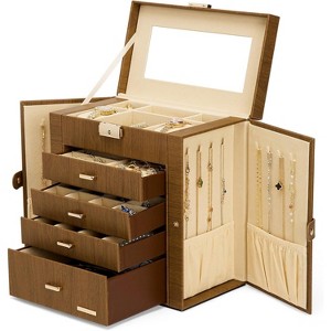 Synthetic Leather Huge Jewelry Box Mirrored Watch Organizer Necklace Ring Earring Storage Lockable - 1 of 4