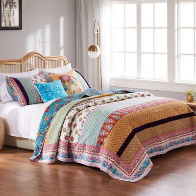 Thalia Full Blue Cotton Reversible Quilt Set with Embroidery