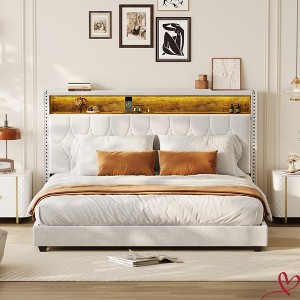 Full Size/King Size Bed Frame with Charging Station, Velvet Upholstered Platform Bed with Wingback Storage Headboard - 1 of 4