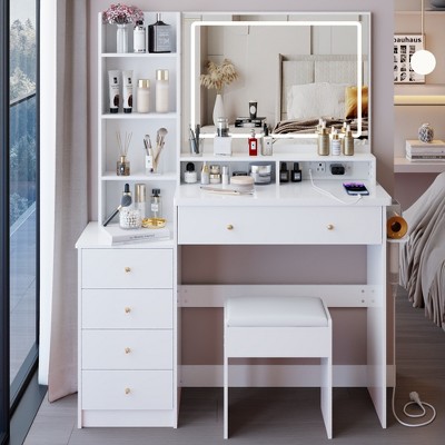 VYNXARIA 41" Large Size Left Bedside Cabinet Vanity Table+Cushioned Stool Dresser Set, White