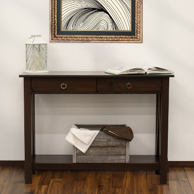 Sunnydaze Dark Brown Pine Wood Console Table with Drawers and Shelf