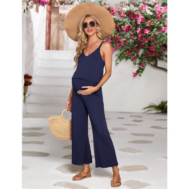 Women's Maternity Jumpsuit Sleeveless V Neck Ribbed Adjustable Strap Layered Front Wide Leg Overall Rompers, 5 of 7