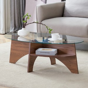 Glass Coffee Table Round Cocktail Table Oval Center Table Accent Table Sofa Table with Diagonal Fan-shaped Tray Leg, Walnut/Natural-ModernLuxe - 1 of 4
