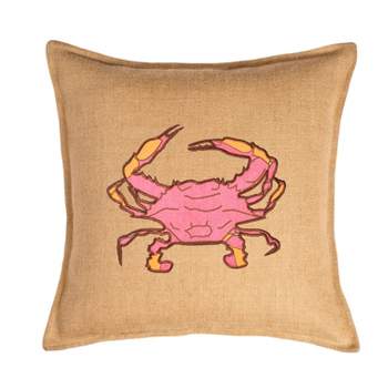 Kensington Garden 20"x20" Oversize Crab Applique Burlap Pillow Front Panel Interior Cotton Lined Pink