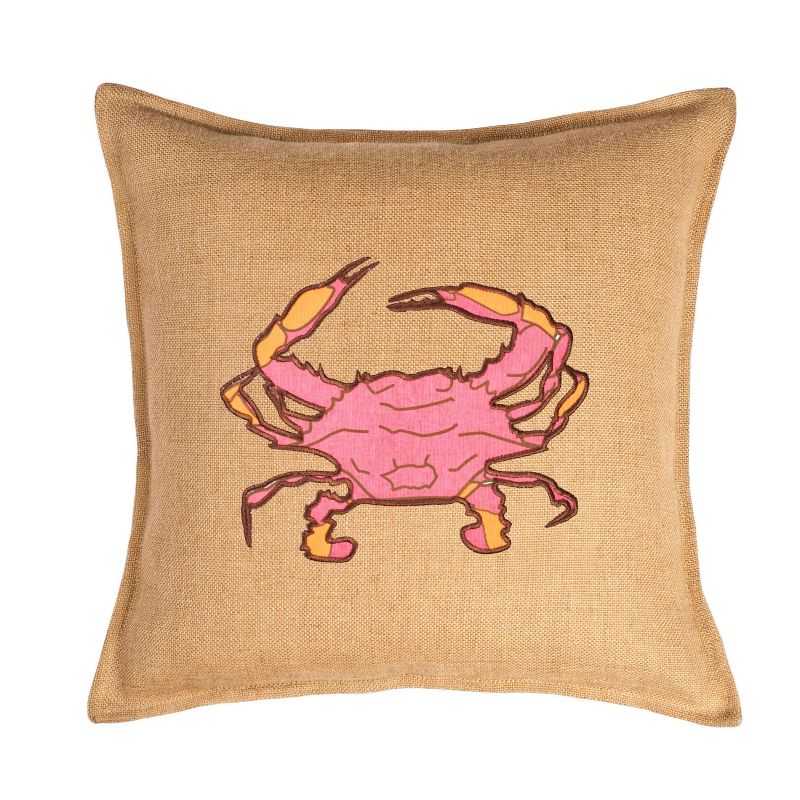 Kensington Garden 20&#34;x20&#34; Oversize Crab Applique Burlap Pillow Front Panel Interior Cotton Lined Pink, 1 of 4
