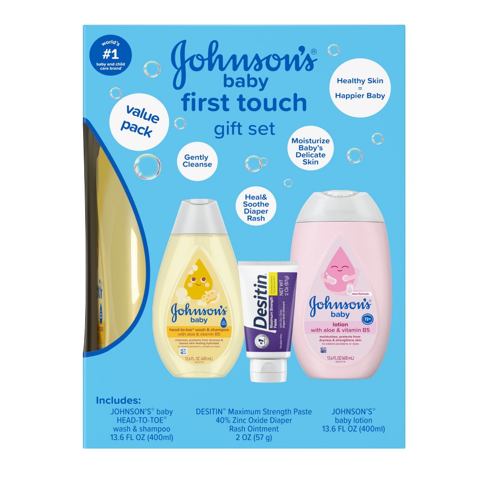 Johnson's First Touch Baby Gift Set Includes Baby Bath Wash & Shampoo, Body Lotion, & Diaper Rash Cream - 3ct