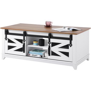 VEVOR 48" Farmhouse Coffee Table, Rectangle Coffee Table with 2 Sliding Barn Doors, 2 Tiers Wooden Table with Removable Shelves, White & Natural - 1 of 4